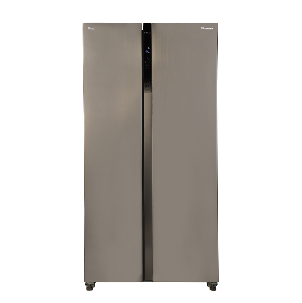 Side-by-side refrigerator with a metallic finish on a white background