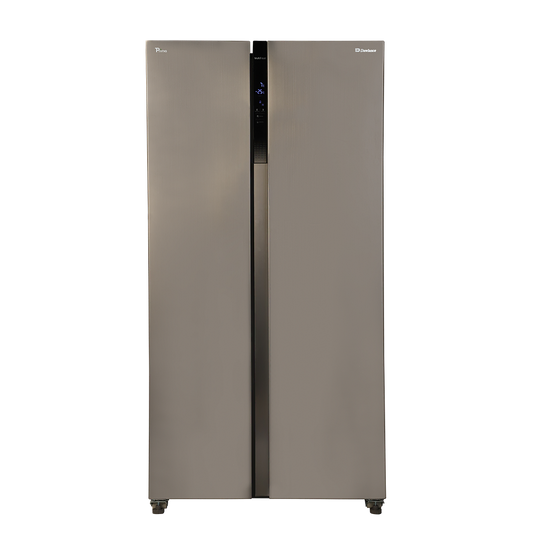 Side-by-side refrigerator with a metallic finish on a white background