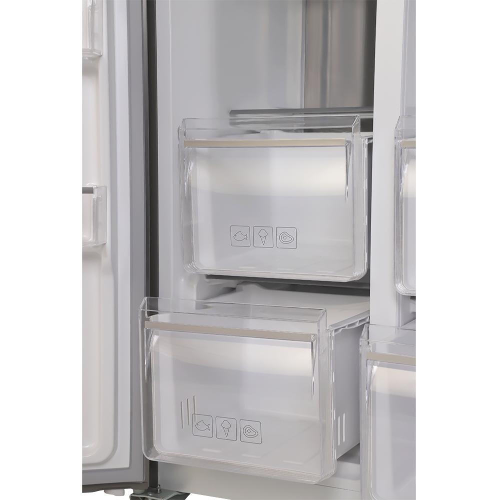 Open refrigerator with clear door bins on a white background